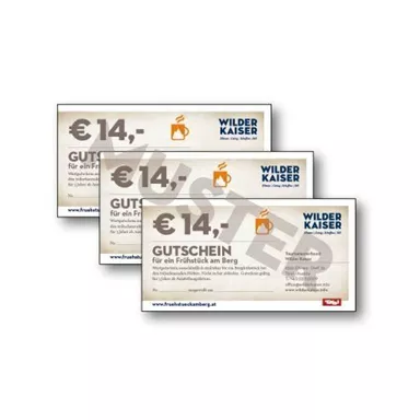Three vouchers worth €14 for a breakfast on the mountain of Wilder Kaiser. They are simply designed with clear information.