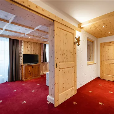 A cozy room with wooden walls and a red carpet. In the background, there is a television and a large window with curtains.