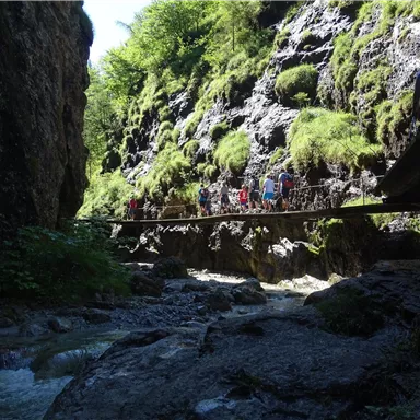 An impressive gorge with steep rocks and lush greenery. People walk over a wooden bridge that spans a small river.