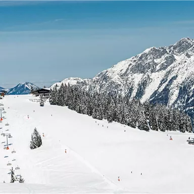 A dreamy winter landscape with snow-covered mountains and a ski resort. The surroundings are calm and inviting for winter sports enthusiasts.