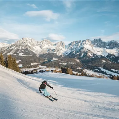 A skier is sliding down a snow-covered slope. In the background, majestic mountains and a clear sky can be seen.