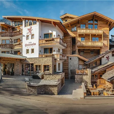 A cozy holiday home in alpine style with a wooden facade. In the background, mountains and a blue sky are visible.