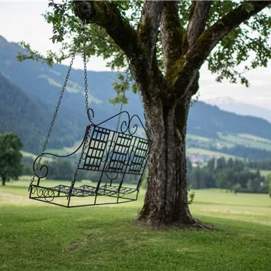 A hanging swing made of metal is hanging from a tree in a green landscape. In the background, mountains and wide meadows can be seen.