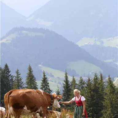 Eine Frau in traditioneller Tracht steht auf einer Wiese und streichelt eine Kuh. Im Hintergrund sind Berge und Wälder zu sehen.