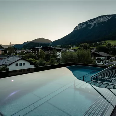 A modern infinity pool with views of the mountains and the surrounding houses. The landscape is characterized by gentle hills and a tranquil atmosphere.