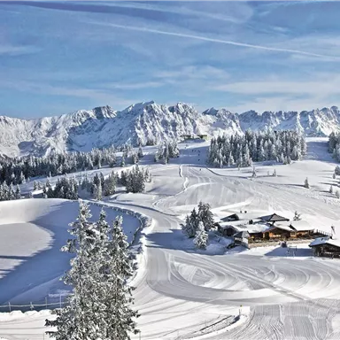 A snowy landscape with mountains in the background. In the center, there are some huts and trees, surrounded by glittering snow.