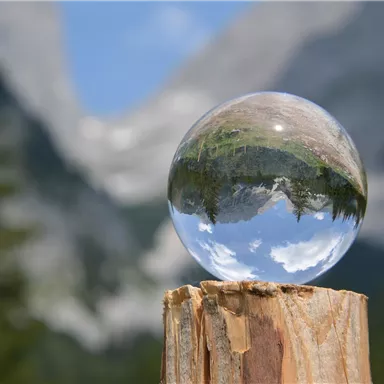 A crystal-clear sphere stands on a wooden log. In the background, mountains and trees can be seen reflecting in the sphere.