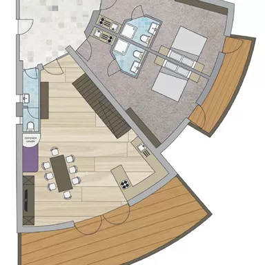 A floor plan drawing of a modern apartment. The rooms are clearly structured and show an open living and dining area.