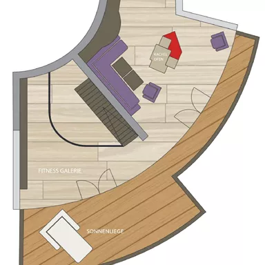 An architectural drawing of a room with various furniture. The floor plan shows a fitness area and a lounging space.