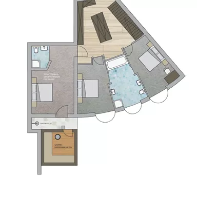 A floor plan sketch of a modern living space. The plan shows areas with seating, a water feature, and two bedrooms.