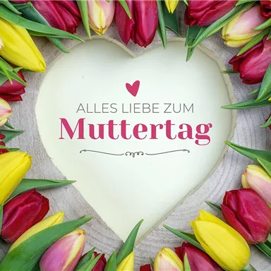 A heart-shaped cutout is framed by colorful tulips that convey Mother's Day greetings. The flowers are in bright shades of yellow, red, and pink.