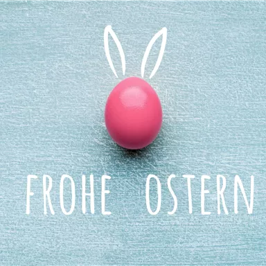 A pink Easter egg with bunny ears on a blue background. Below it says "Happy Easter".