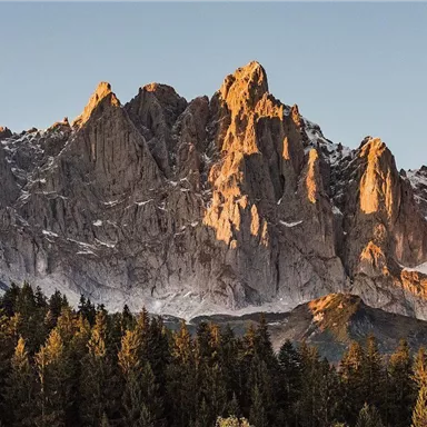 An impressive mountain landscape with rugged peaks and golden light. In the foreground, dense forests can be seen.