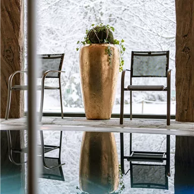 An elegant interior with a golden flower pot and two chairs. In the background, a snow-covered landscape is visible, reflected in the water.