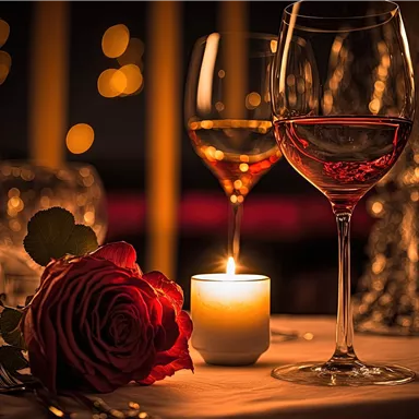 A romantic table with two wine glasses, a red rose, and a burning candle. The soft lighting creates a cozy atmosphere.