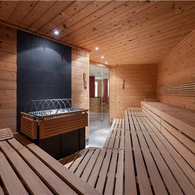 A modern sauna made of wood with a calm ambiance. The benches are evenly arranged, and the relaxing atmosphere invites you to unwind.