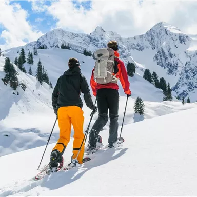 Two people are hiking in the snow in the mountains. The landscape is impressive with snow-covered peaks and a clear sky.