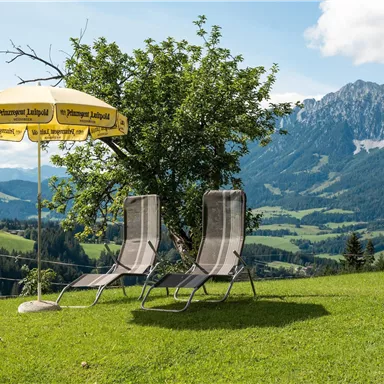 A quiet garden with two loungers and a yellow-white sun umbrella. In the background, majestic mountains and a green landscape are visible.