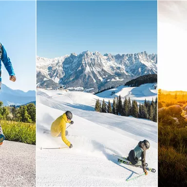 Activities in nature: A beautiful landscape with hiking, skiing, and cycling. People enjoy their leisure time in the mountains.