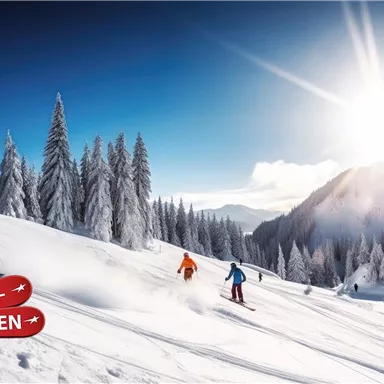 A picturesque winter scene with skiers on a snowy slope. In the background, the sun shines over snow-covered trees and mountains.