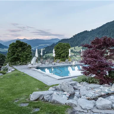 An elegant outdoor pool surrounded by lush greenery and decorative stones. In the background, gentle hills and a clear sky are visible.