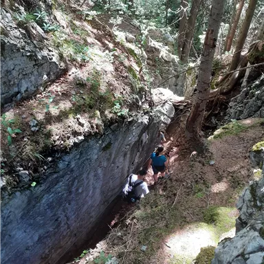A narrow gap between tall rocks in a forested area. Two people are exploring the surroundings and enjoying nature.