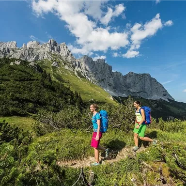 Two hikers are walking on a path in the mountains. The landscape is green with rocky peaks and a clear sky.