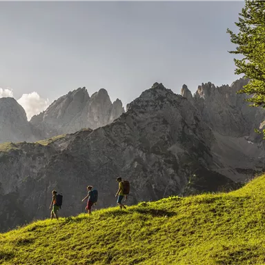 Three hikers are walking across a green meadow with mountains in the background. The sky is clear and the landscape is picturesque.