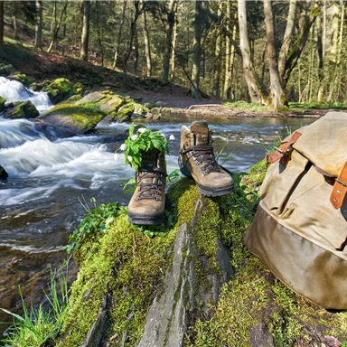 Hiking boots and a backpack are by a stream in a forest. The surroundings are green and quiet, ideal for outdoor adventures.
