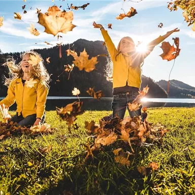 Two children in yellow jackets are happily playing in the autumn leaves. They are throwing colorful leaves into the air while the sun shines in the background.