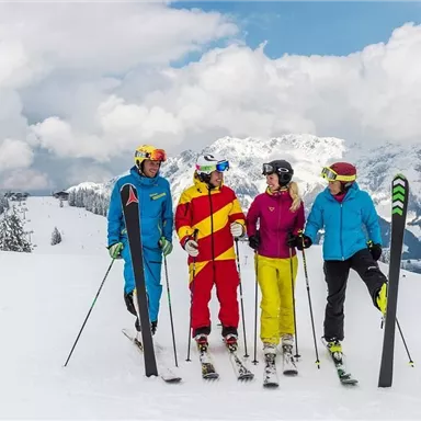 A group of four skiers stands in the snow and is having a conversation. In the background, the snow-covered mountains and the blue sky can be seen.