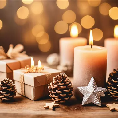 A festive decoration with candles, gifts, and pine cones. Soft lights sparkle in the background.