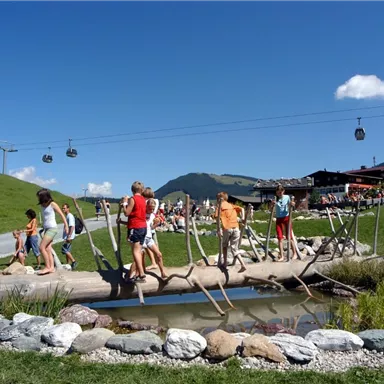 A group of children is playing on a wooden log over a small pond. In the background, there are zip lines and a cozy mountain landscape.