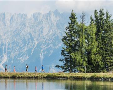 A group of people is hiking along a calm lake, surrounded by tall mountains and trees. The sky is clear and the landscape is picturesque.