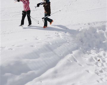 Two children are walking in the snow and wearing skis. They are pointing in different directions with their hands.