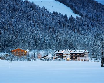 Eine malerische Winterlandschaft mit schneebedeckten Bäumen und freundlichen Hütten. Die Lichter der Häuser strahlen in der Dämmerung und schaffen eine gemütliche Stimmung.