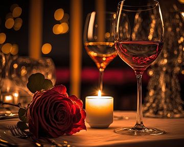 Ein romantischer Tisch mit zwei Weingläsern und einer roten Rose, umgeben von Kerzenlicht. Die warme Atmosphäre schafft eine einladende Stimmung für ein Abendessen zu zweit.