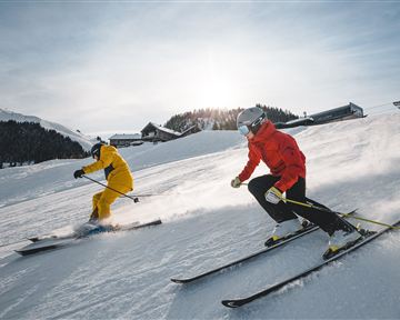 Two skiers are descending the slope, one in a yellow suit and the other in a red suit. The winter landscape is covered in snow and showcases the beauty of the mountains.