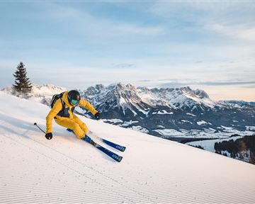 A skier in yellow gear is skiing on fresh snow. In the background, impressive mountains and a clear sky can be seen.