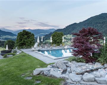An elegant outdoor pool surrounded by lush greenery and decorative stones. In the background, gentle hills and a clear sky are visible.