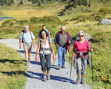 A group of five people is hiking on a gravel path through a picturesque landscape. In the background, green hills and a blue lake can be seen.