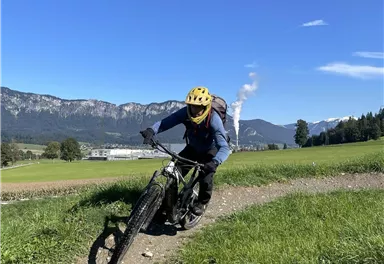 Ein Mountainbiker fährt geschickt auf einem schmalen Pfad durch eine grüne Landschaft. Im Hintergrund sind Berge und ein blauer Himmel zu sehen.