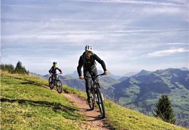 Mountainbiker fahren einen schmalen Pfad über eine grüne Wiese. Im Hintergrund sind sanfte Hügel und ein klarer Himmel zu sehen.