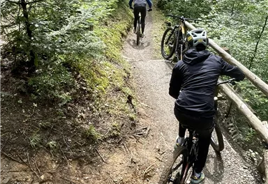 Zwei Mountainbiker fahren einen schmalen Weg durch einen grünen Wald. Die Landschaft ist üppig mit Bäumen und das Wetter scheint angenehm.