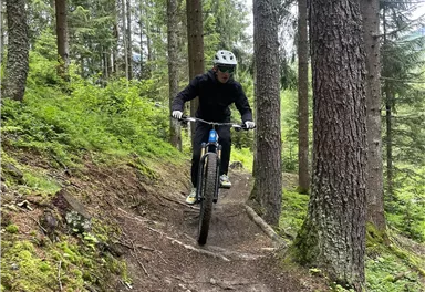 Ein Mountainbiker fährt auf einem schmalen Pfad durch einen Wald. Die Umgebung ist grün und frisch mit vielen Bäumen.