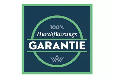 Ein Emblem mit dem Text „100% Durchführungsgarantie“. Es zeigt ein hochwertiges Versprechen für Zuverlässigkeit und Qualität.
