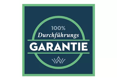 Ein Emblem mit dem Text „100% Durchführungsgarantie“. Es zeigt ein hochwertiges Versprechen für Zuverlässigkeit und Qualität.