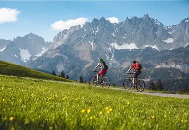 Zwei Radfahrer fahren auf einem Weg durch eine grüne Wiese. Im Hintergrund sind majestätische Berge zu sehen.