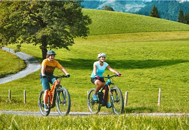 Zwei Radfahrer fahren auf einem schmalen Weg durch eine grüne Landschaft. Im Hintergrund sind sanfte Hügel und Bäume zu sehen.