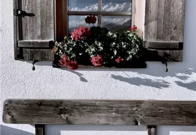 Ein Fenster mit Holzläden und blühenden Balkonpflanzen. Darunter steht eine rustikale Bank.